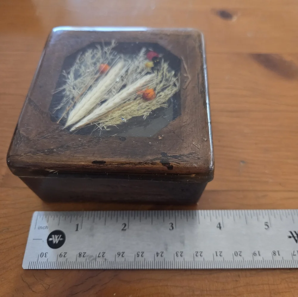 70s Wood Box With Resin Top That Has Dried Flowers And A Lady Bug
